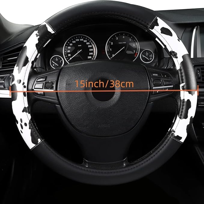 Cow Print Steering Wheel Cover, Microfiber Leather Cute Breathable Anti Slip Universal 14.5-15 inch Car Interior Accessories for Women Men, Black White