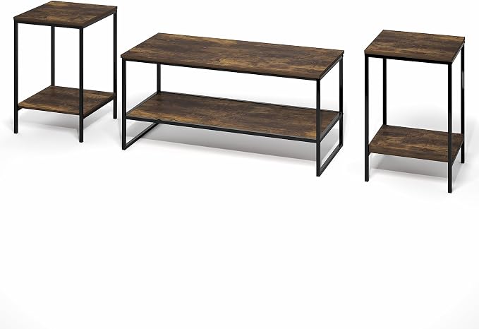 Furinno Simplistic Coffee Table and End Table Set of 3, Modern Metal Frame 2-Tier Coffee Table & 2 Square Side Tables, Night Stands Set, for Living Room, Bedroom, Home Office, Amber Pine
