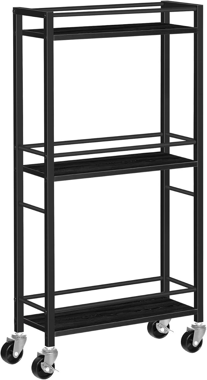 Slim Rolling Cart, Mobile Kitchen Cart on Wheels, Narrow Storage Cart for Small Space, Wooden Service Cart, for Bathroom, Laundry, Living Room, Black RCHB1501