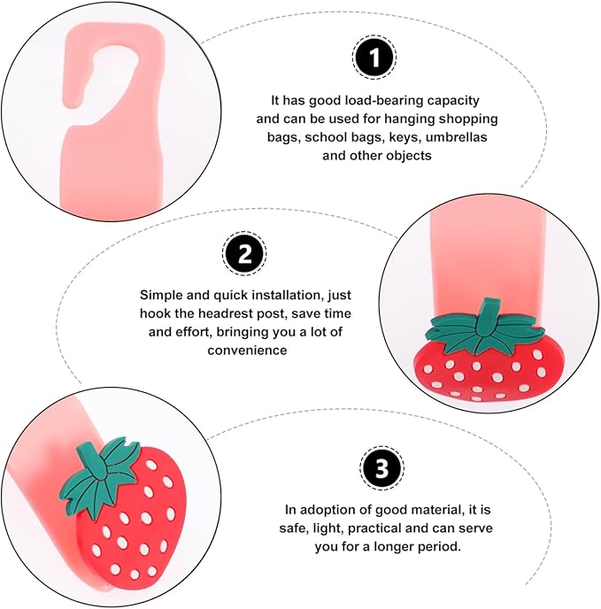 Milisten Strawberry Car Hooks for Seat Headrest 6-Pack Car Backseat Organizer Hooks for Bags and Accessories Easy Installation 3.74X2.95X1.77 Inch