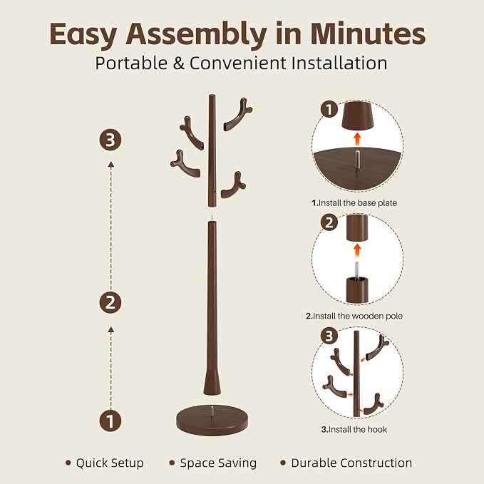 Uniclinens Coat Rack Freestanding Solid Wood Coat Tree Standing with 4 Hooks, Coat Rack Stand Creative Tree Branch-look (Dark Walnut)