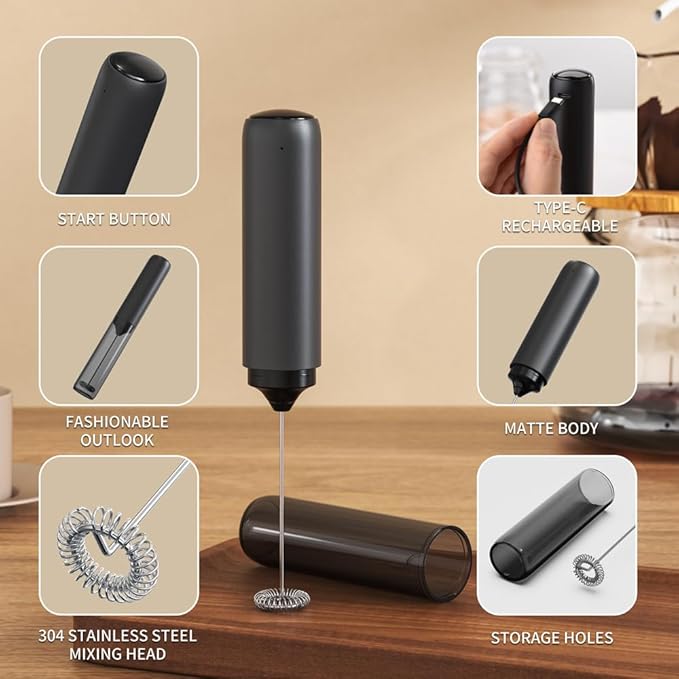 Electric Milk Frother Handheld, USB Rechargeable Portable Whisk, Stainless Steel Foam Maker for Coffee, Latte, Matcha, Home and Travel