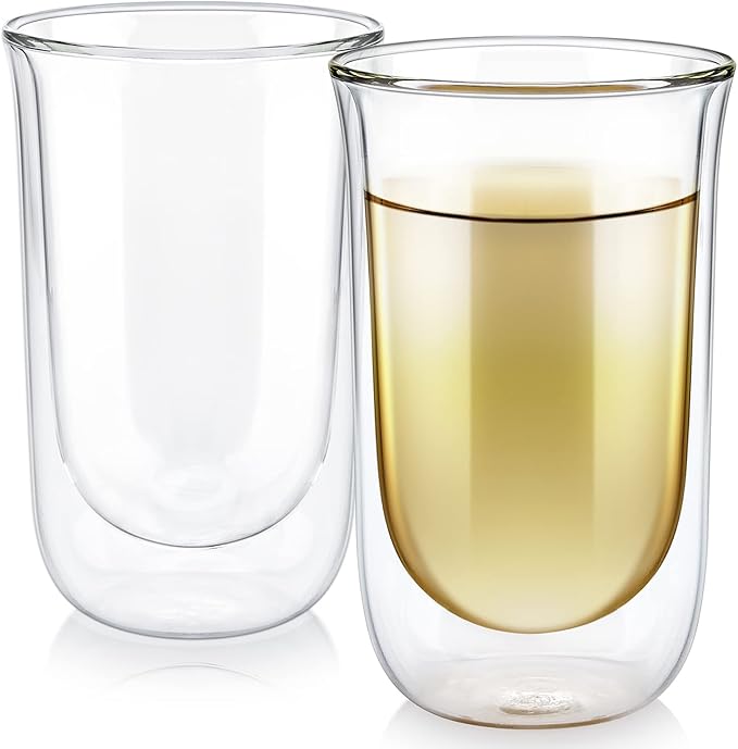 Teabloom Tulip Insulated Glasses for Tea, Coffee and other Beverages - Double Walled Borosilicate Glass Keeps Drinks Hot/Cold, 12 oz (Set of Two)