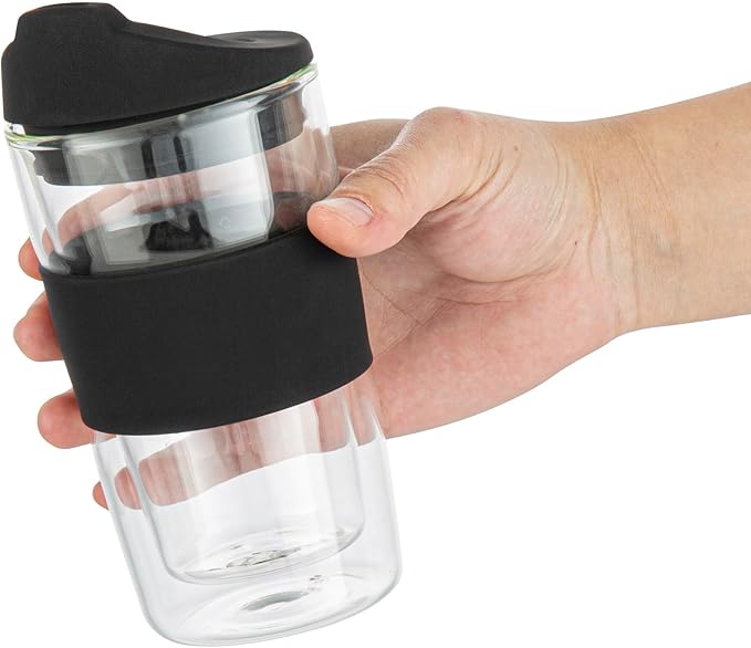 Restaurantware Glass Travel Mug 1 Count 12 Ounce Double Wall Borosilicate Reusable Coffee Cup, Spill-Resistant Black Silicone Lid, Clear Drinkware Mug for Hot and Cold Beverages