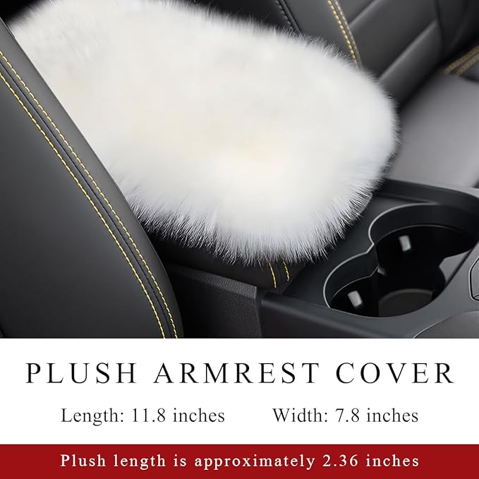 Car Center Console Cover Pad, Fluffy Middle Console Pad Armrest Seat Box Cover, Universal Furry Arm Rest Decoration Protector for Car Truck SUV, Interior Car Accessories (White)