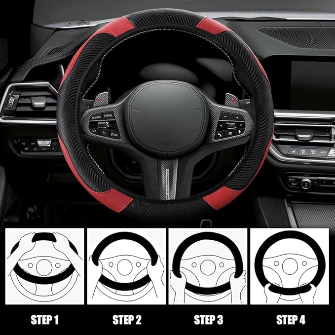 Car Steering Wheel Cover, Steering Wheel Cover Protector, 15 Inch Carbon Fiber Microfiber Leather Elastic Steering Wheel Protector, Car Steering Wheel Accessories for Vehicles (Black red)