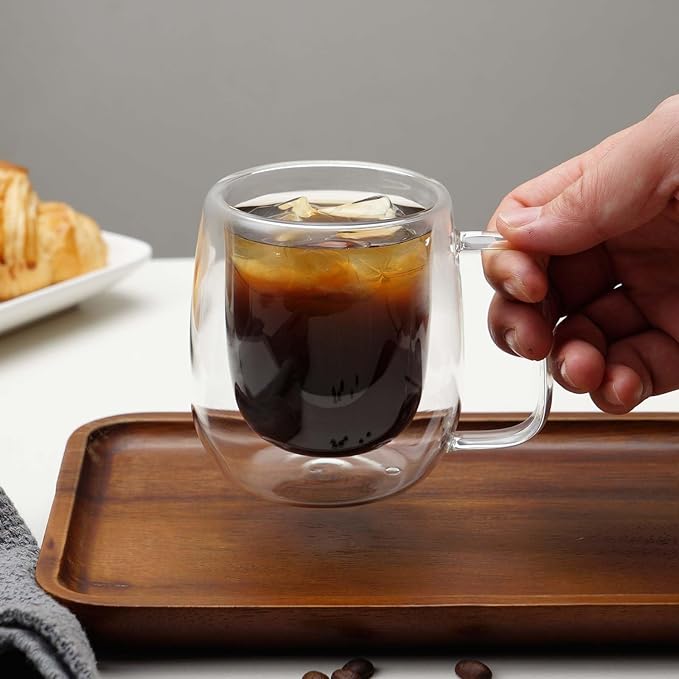 Double Wall Glass Coffee Mugs -11.8Oz Clear Insulated Glass Espresso Cups with Handle Mugs for Hot Beverages,set of 2 Perfect for Cappuccino Latte Americano Tea Bag (Large (2 PACK))