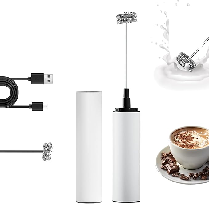 Electric Milk Frother Handheld Rechargeable with Cover-Coffee Frother Wand, Drink Mixer Handheld with 2 Detachable Stainless Whisks 2 Speed Adjustable for Latte, Cappuccino, Matcha, Egg (White)