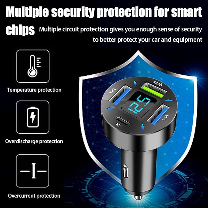 4 Ports USB Car Charger, 66W Super Fast Charging with QC 3.0, PD 20W and USB 2.4A Charger Adapter, Quick Charge with LED Voltmeter, Auto Cigarette Lighter Plug (PD20W+QC3.0+2.4A, 2PCS)