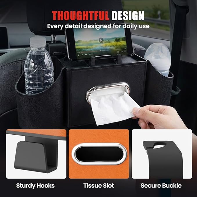 4-In-1 Car Organizer Back Seat, 2026 New Multifunctional Organizer, Portable Car Cup Holder for Road Trips, Durable Car Trash Bin for Families, Universal Car Seat Organizer (Black)