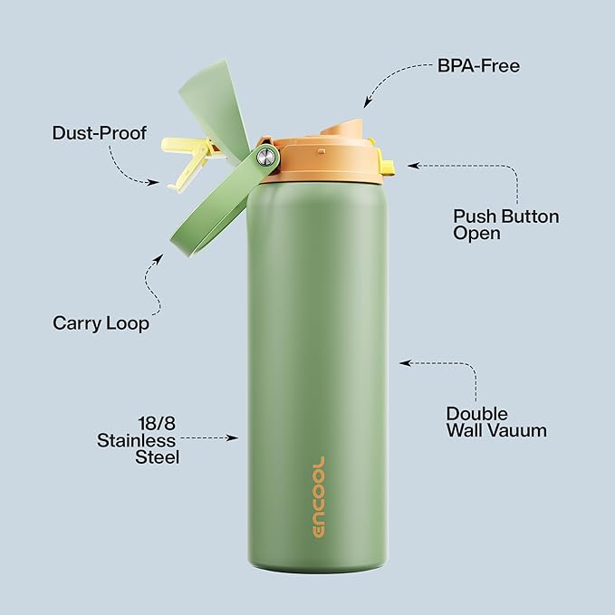 Insulated Water Bottle with Straw - Encool Stainless Steel Water Bottle with Push Button Lid, Leak-Proof & BPA-Free, Keeps Cold for 24 Hours for Sports, Travel, Gym (32 oz, Lichen-Yellow)