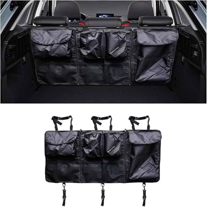 Back Seat Trunk Organizer, Large Capacity Hanging Storage Organizer with Adjustable Straps, Waterproof Cargo Storage Bag with Pockets, Car Interior Accessories for Car, Truck, SUV (Black)