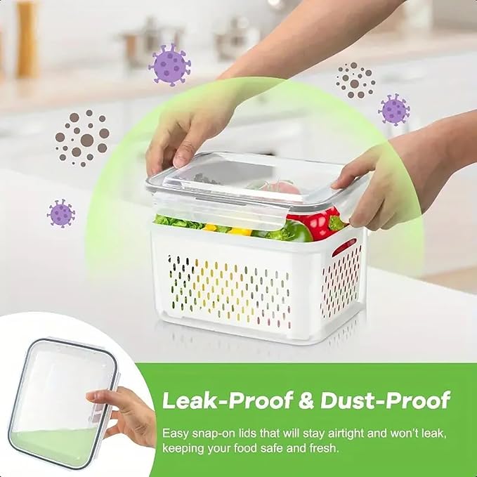 3pcs 4 in 1 Fruit Containers for Fridge with Removable Colanders and Lids, Airtight Storage Container to Keep Fruits, Vegetables, Berry, Meat Fresh Longer, Dishwasher & Microwave Safe