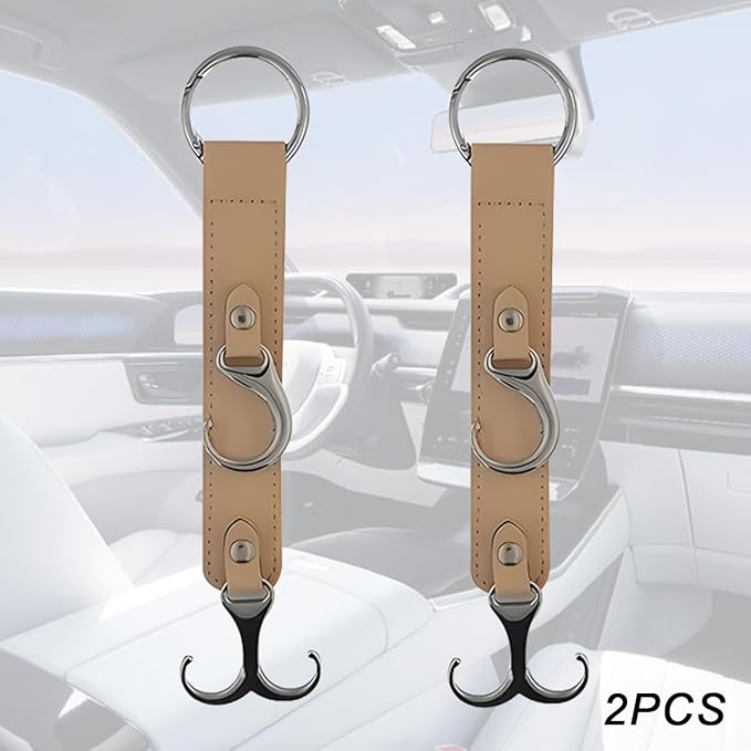 Car Seat Headrest Hook, 2PCS 3 in 1 Leather Vehicle Seat Back Hanger Holder for Grocery Purse Cloth Handbag, Automotive Backseat Storage Organizer, Universal for Truck SUV Sedan (Khaki)