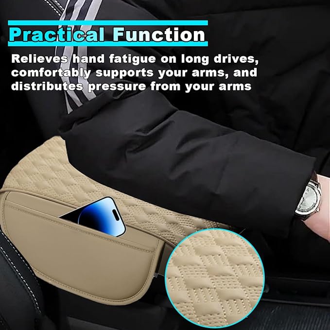Car Center Console Cover with Storage Pocket, Waterproof Leather Car Armrest Cover Cushion Pad Distributes Elbow Stress, Non-Slip Middle Console Storage Box Covers for Most Vehicles (Beige)