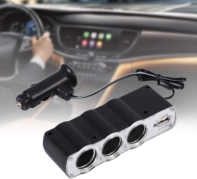 EBTOOLS Cigarette Lighter Socket Splitter, 3 Socket Car Cigarette Lighter Socket Splitter DC Power Charger Adapter with USB Socket