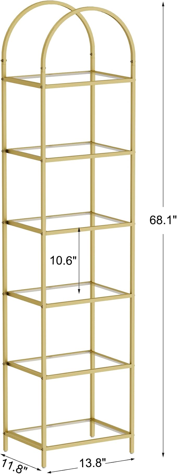Homhedy Bookshelf Arched Display Racks,Metal Bookcase,Tempered Glass Shelves,Storage Rack Shelf for Home Office,Living Room,Bedroom, Bathroom,Modern Style (Golden, 11.8" D x 13.8" W x 68.1" H)