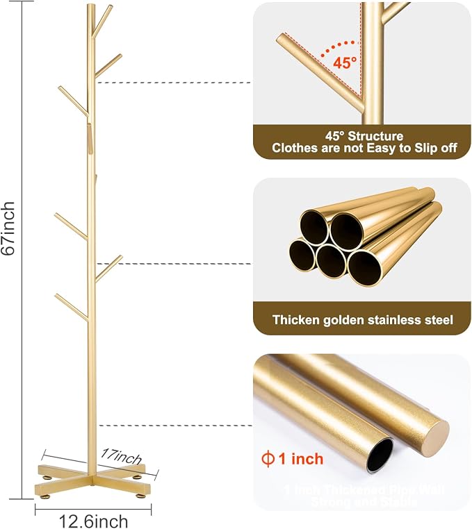 ZOZOE Metal Coat Rack Stand, Modern Coat Rack Freestanding with 8 Hooks, Coat Racks Easy to Assemble, Coat Tree Stand for Bags, Hats, Entryway, Office (Golden)