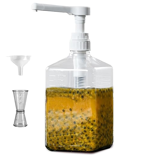 Large Capacity Syrup Dispenser for Coffee Bar, Pump Dispenser 54oz 1600ml PET Syrup Bottle w Measuring Cup and Funnel, Dispenser Bottle w Upgraded Pump (10cc Thicker PET)