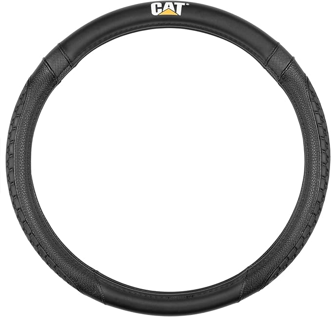 Caterpillar Car Steering Wheel Cover, Large 16 inch Size, Tire Tread Inspired Traction Grip Design, Black Steering Wheel Cover for Car Auto Truck Van SUV Bundle