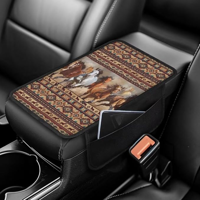 Boatee Horse Arm Rest Cover for Auto Center Console Cover Armrest Mat for Car Console Cushion Auto Arm Rest Box Pad Vehicle Console Organizer Interior Protector Armrest Cushion Western Aztec Brown