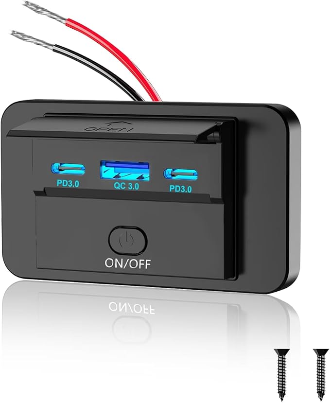 3 Ports 12V RV USB Outlet 90W, Dual PD3.0 Type-C Quick Charge 72W & USB QC3.0 18W Panel Wall Mount, Automotive Car Socket Charger Adapter for RV Marine Boat Bus ATV Motorcycle Truck