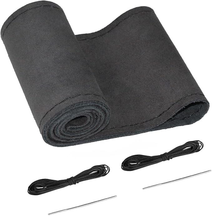 Belinous Suede Leather Steering Wheel Cover, DIY Stitch-On Steering Wheel Wrap with Needle & Thread, Non-Slip & Sweat-Absorbing, Universal Fit for 13.75-16 Inch (Size M5, Black)
