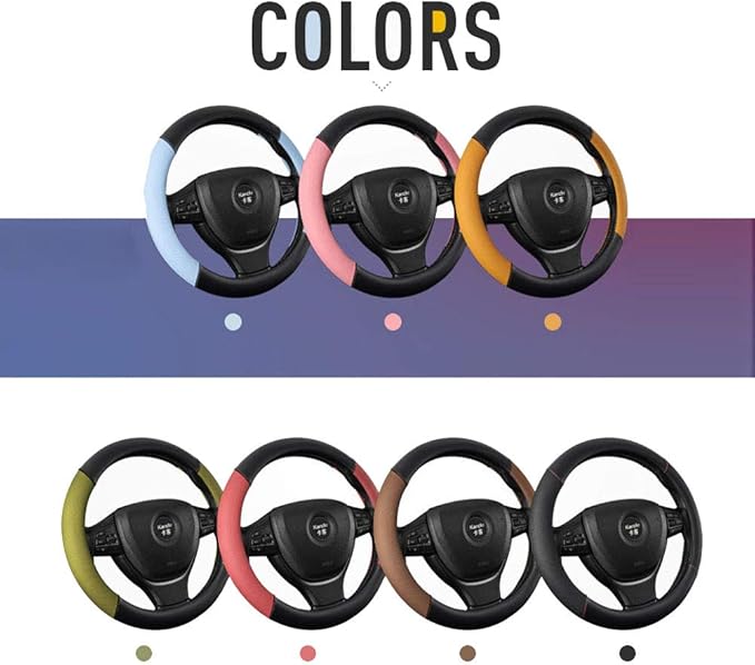 Universal Leather Car Steering Wheel Cover Colorful Steering Wheel Cover Cute Women 15 Inch Steering Wheel Protector (Black)