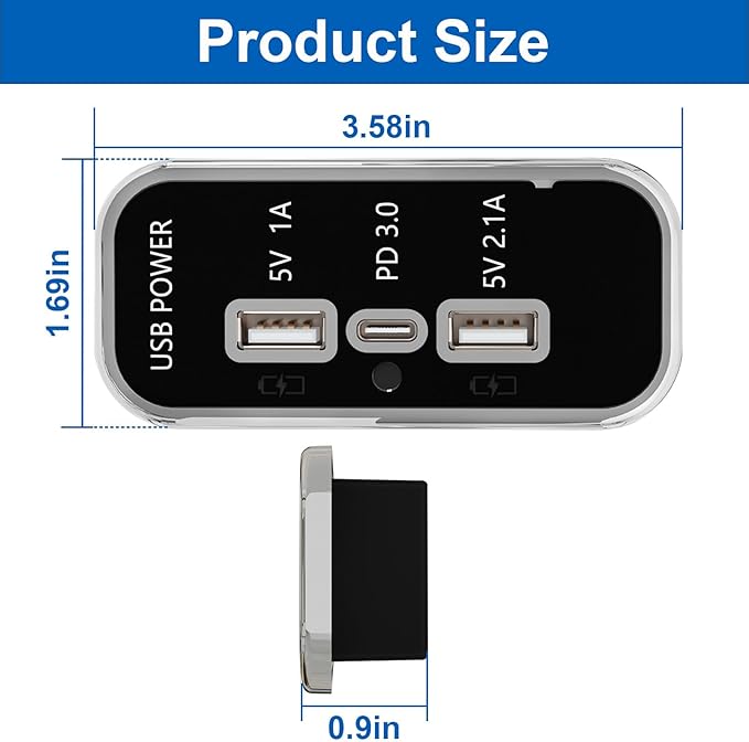 3 Ports 12V USB Outlet, 12V/24V Wall Mount Car USB Socket Charger Adapter,3.1A Dual USB A Port & PD3.0 USB C Port Charger Socket for RV Marine Boat Bus ATV Motorcycle Truck-1 Pack