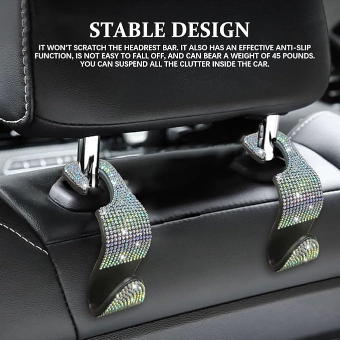 2PCS Car Seat Hooks, Purse Hook for Car, Crystal Rhinestone Vehicle Backseat Purse Holder, Auto Accessories Diamond Auto Seatback Storage Organizer Hanger for Handbag Clothes Purse (Colorful)