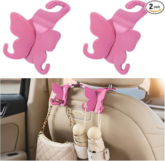 2PCS Car Seat Headrest Hook, Cute Butterfly Backseat Storage Hanger Organizer for Purse Handbag Umbrella, Auto Interior Seat Back Hook Holder Decor, Universal for SUV Truck Van (Rose Red)