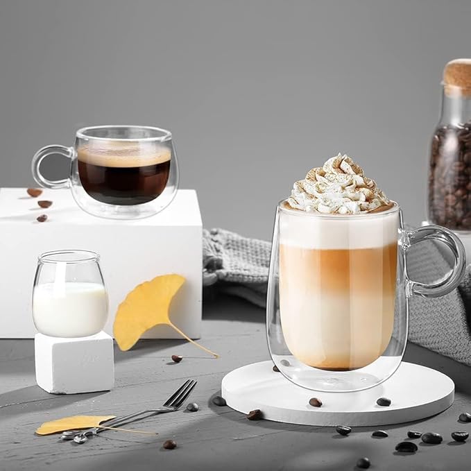 glastal Espresso Cup Set of 4, 4 Oz (full capacity) Double Wall Glasses Espresso Coffee Glass Cups, Small Coffee Glasses Tea Cups with Handle for Iced Americano, Macchiato, Birthday for Mum Dad