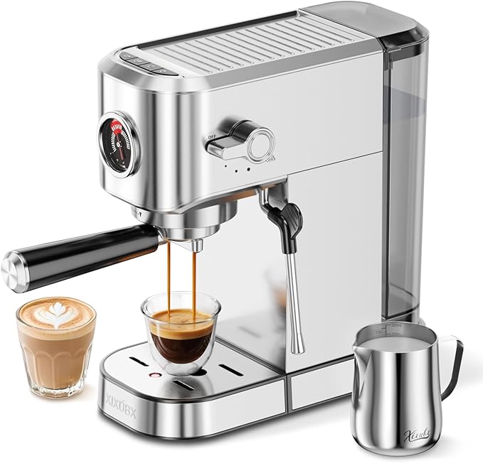 20Bar Espresso Machine, Compact Espresso Maker with Milk Frother, Stainless Steel Coffee Machine for Cappuccino&Latte, 42oz Water Tank, Visible Pressure Gauge, Home&Office, Silver