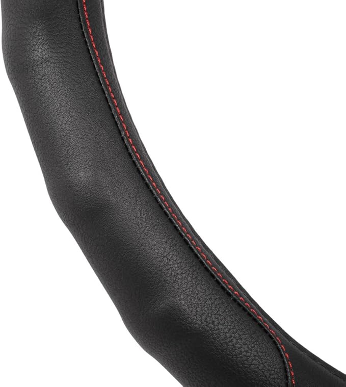 Motor Trend GripDrive Faux Black Leather Steering Wheel Cover for Car Truck Van SUV, Standard 15 inch Size, Red Accent Stitched Car Steering Wheel Cover Vehicle & Auto Accessories