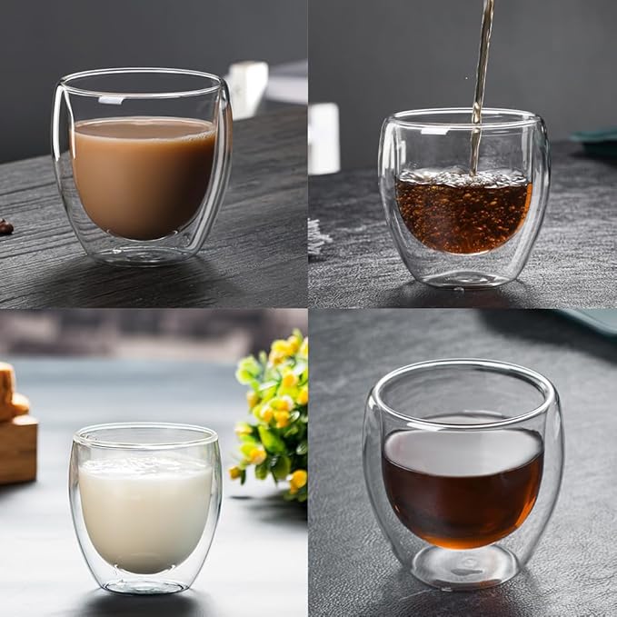 Double Wall Expresso Cups (Set of 6), 3 Ounce Glass Coffee Mugs, Small Insulated Clear Espresso Shot Glasses Cups for Cappuccino Latte Tea, Gift for Chrismas, Brithday