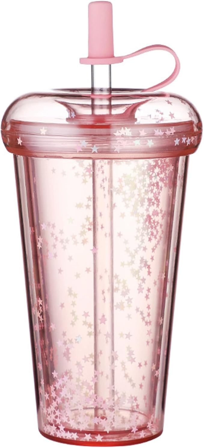 Double Wall Tumbler with Lid and Straw, 420ml/14.2oz Safe Insulated Cup with Straw, Leakproof Glitter Cups, Portable Water Cup with and Lid for School, Office, Travel Style 1 water tumbler