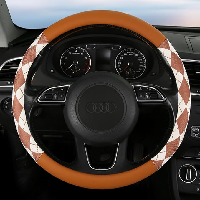 Steering Wheel Cover, Pink and White Diamond Pattern, 15 Inch, Anti-Slip Leather (Brown)