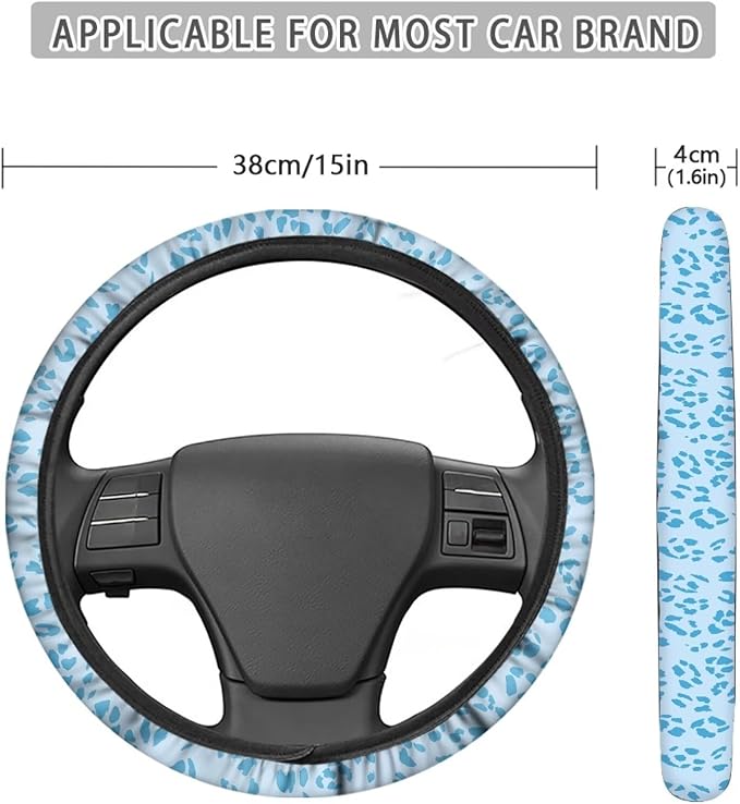 Universal Non-Slip Steering Wheel Cover, 15-inch Polyester Material Driving Accessories, Adjustable for Car and Truck(Light Blue Leopard)