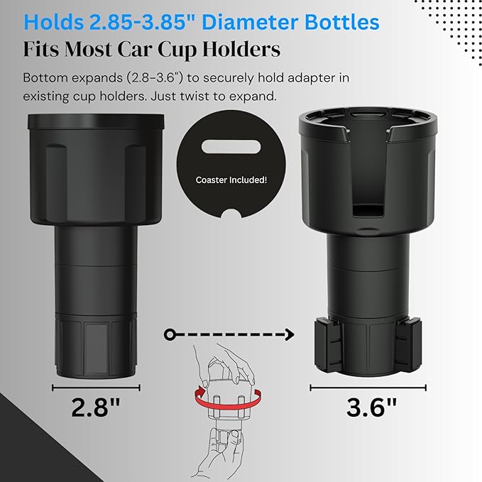 Car Cup Holder Expander (Long Base) - Adjustable Expandable Insert Extender, Automotive Adapter Holds Hydro-Flask, Yeti, Nalgene, Large (32 40 oz) Water Bottles, Big Drinks - Universal
