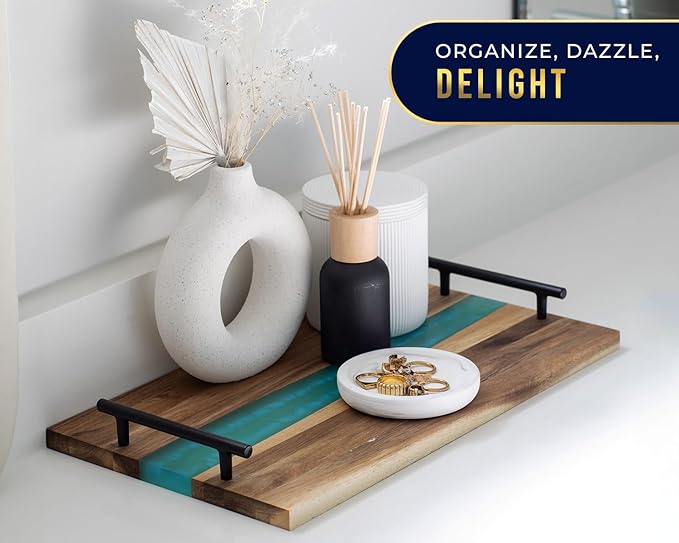 Comfify Visually Stunning Celeste Blue Resin + Acacia Wood Serving Board with Handles - 16x9 Serving Tray for Food, Breakfast in Bed, Coffee Table, Decor, Organization, Snacks, Patio, Lap Tray
