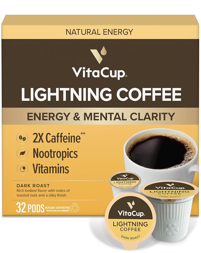 VitaCup Lightning Coffee Pods, for Memory & Focus w/ 2X Caffeine, Green Coffee Bean, B Vitamins, D3, Strong Dark Roast, Single Serve Pod Compatible with Keurig K-Cup Brewers,32 Ct