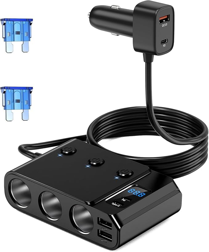 Tendak 9 in 1 Cigarette Lighter Adapter, 150W Cigarette Lighter Splitter with PD 30W/QC3.0, 3 USB Ports (Type-C+2 USB-A), Independent Switches, LED Voltage Display, Plug Outlet 12V/24V(3.3ft Cable)