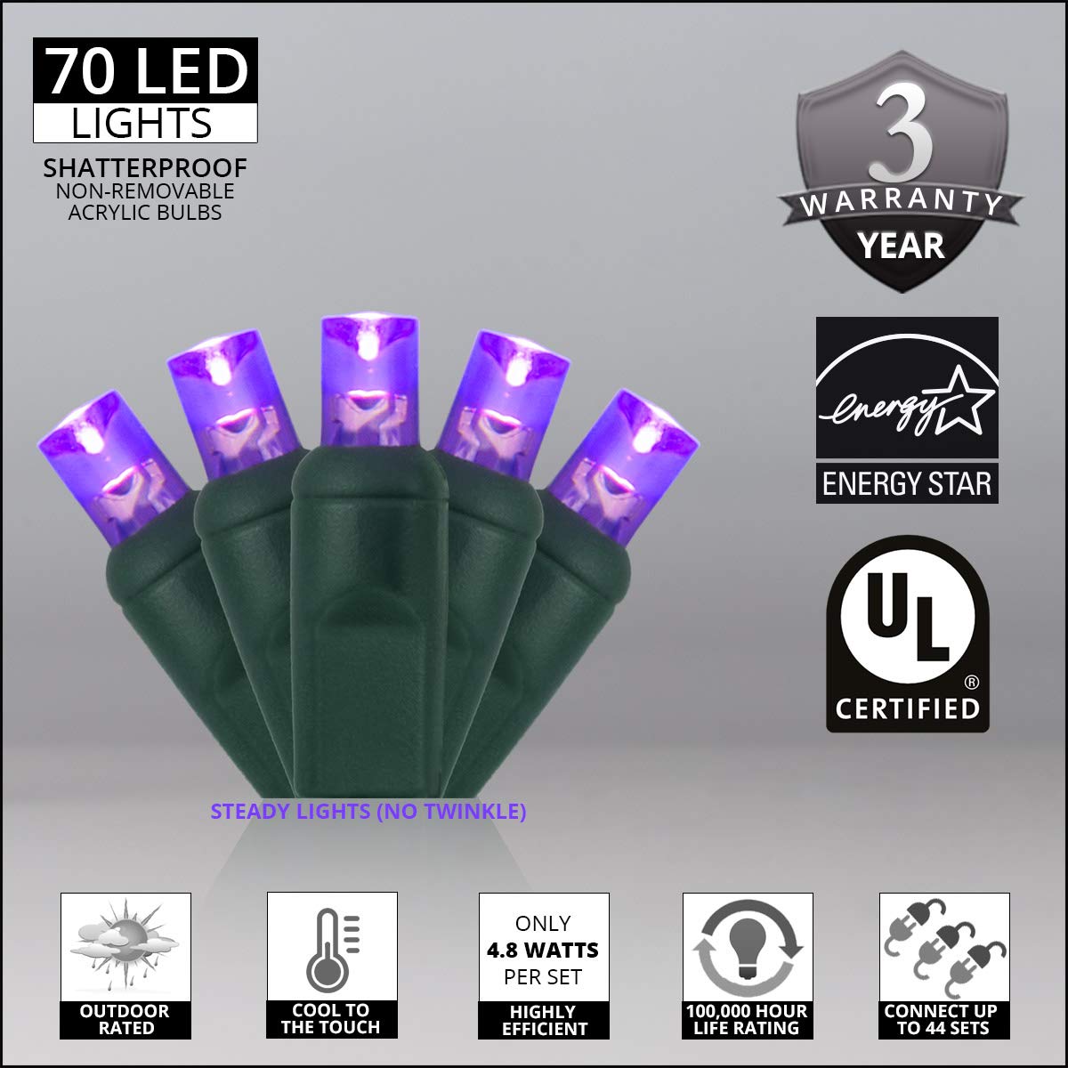 Wintergreen Lighting 70 Piece LED String Lights, 24 ft, Purple, Indoor-Outdoor Use, UL & Energy Star Certified, Model IOS-2-35-2