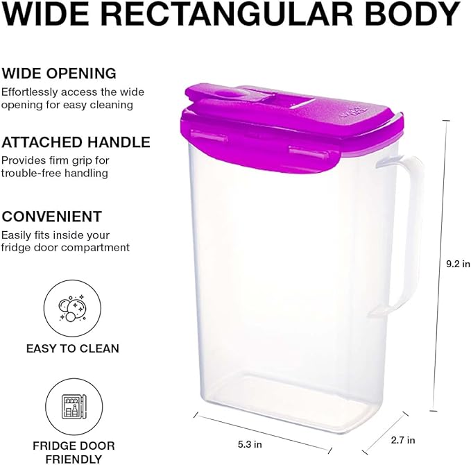 LocknLock Aqua Fridge Door Water Jug with Handle BPA Free Plastic Pitcher with Flip Top Lid Perfect for Making Teas and Juices, 2 Quarts, Purple