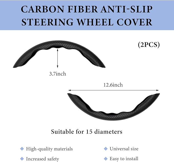 2 PCS Car Steering Wheel Cover, Anti-Skid Carbon Fiber Segmented Steering Wheel Protector, Anti-Slip Wheel Wrap Protective Cover for Most Cars Trucks SUVs, Car Accessories (Black)