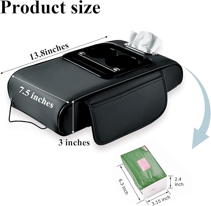 Car arm Rest Cover Pad (Upgraded Type-C), 5-in-1 Center Console Cover with Cup Holder, Tissue Box Slot, Mobile Phone Storage Slot, Suitable for Most Car Console Organizer , 13.8''x7.1''x3.0'', (Black)