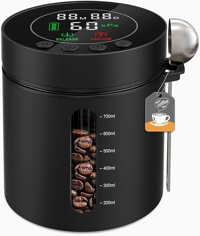 Automatic Vacuum Coffee Canister, 0.8L Airtight Food Storage Containers with Smart Pressure Sensor, Electric Coffee Bean Container Rechargeable with LED Display Window for Home Kitchen Food Storage