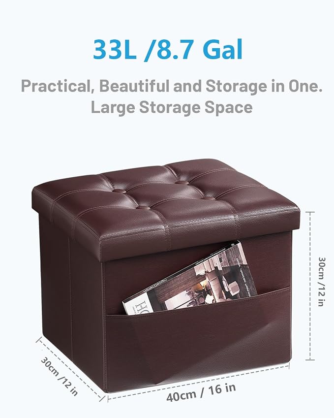AmasSmile Storage Ottoman Folding Foot Rest Stool with Side Pocket, 16 inch Leather Footstool Bench, Short Ottoman Bench, Storage Foot Rest Store, Books, Brown