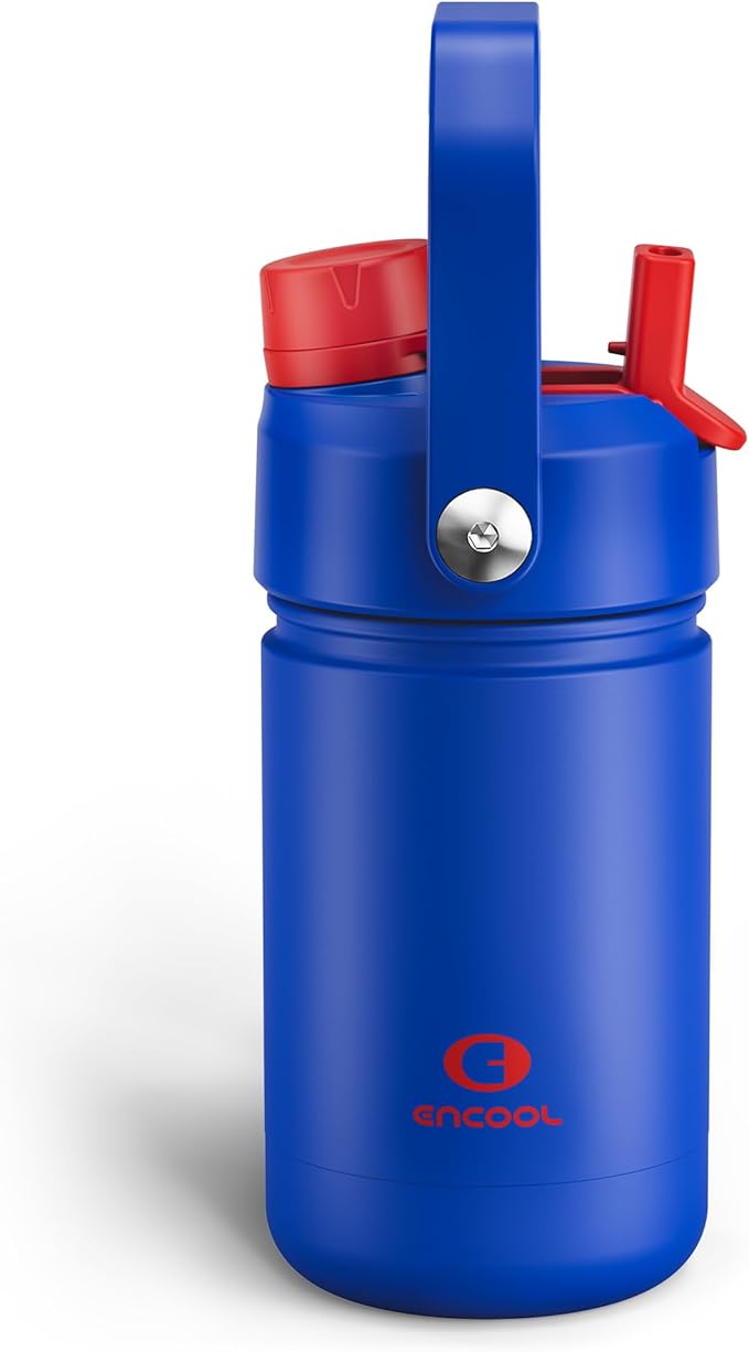 ENCOOL Kids Insulated Water Bottle with Straw - 12oz Stainless Steel Water Bottle with Dual Spouts, Leak-Proof, BPA-Free, Double Wall Vacuum Keeps Cold for 24 Hours for Sports, Travel (Beaucoup Blue)