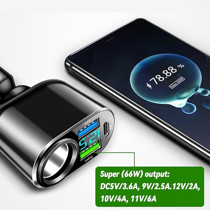 4 Ports Car Charger Adapter, 12V/24V Automotive Type C Metal Cigarette Lighter USB Charger Fast Charging Phone Charger, Universal for Vehicles 13 14 15 Pro Max Plus S23 and More